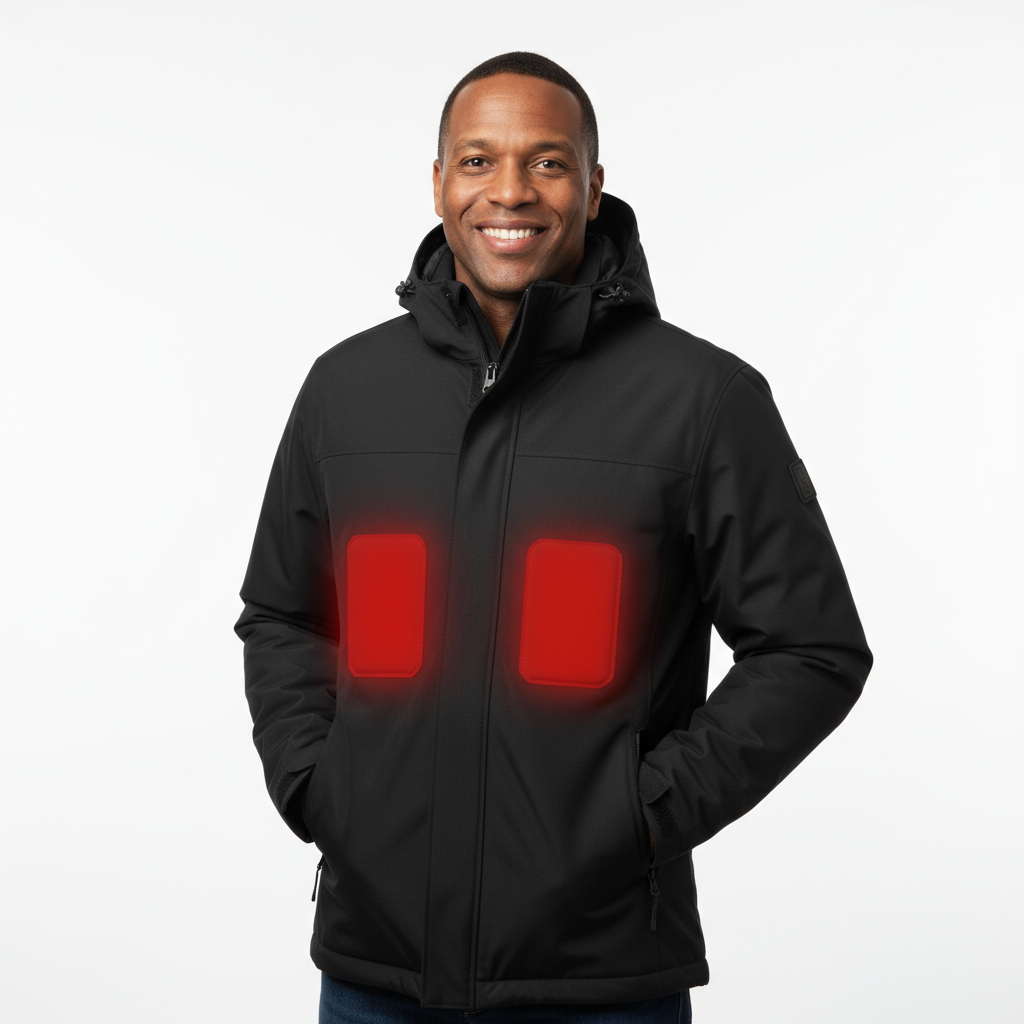 Homme heureux portant la veste sur fond blanc