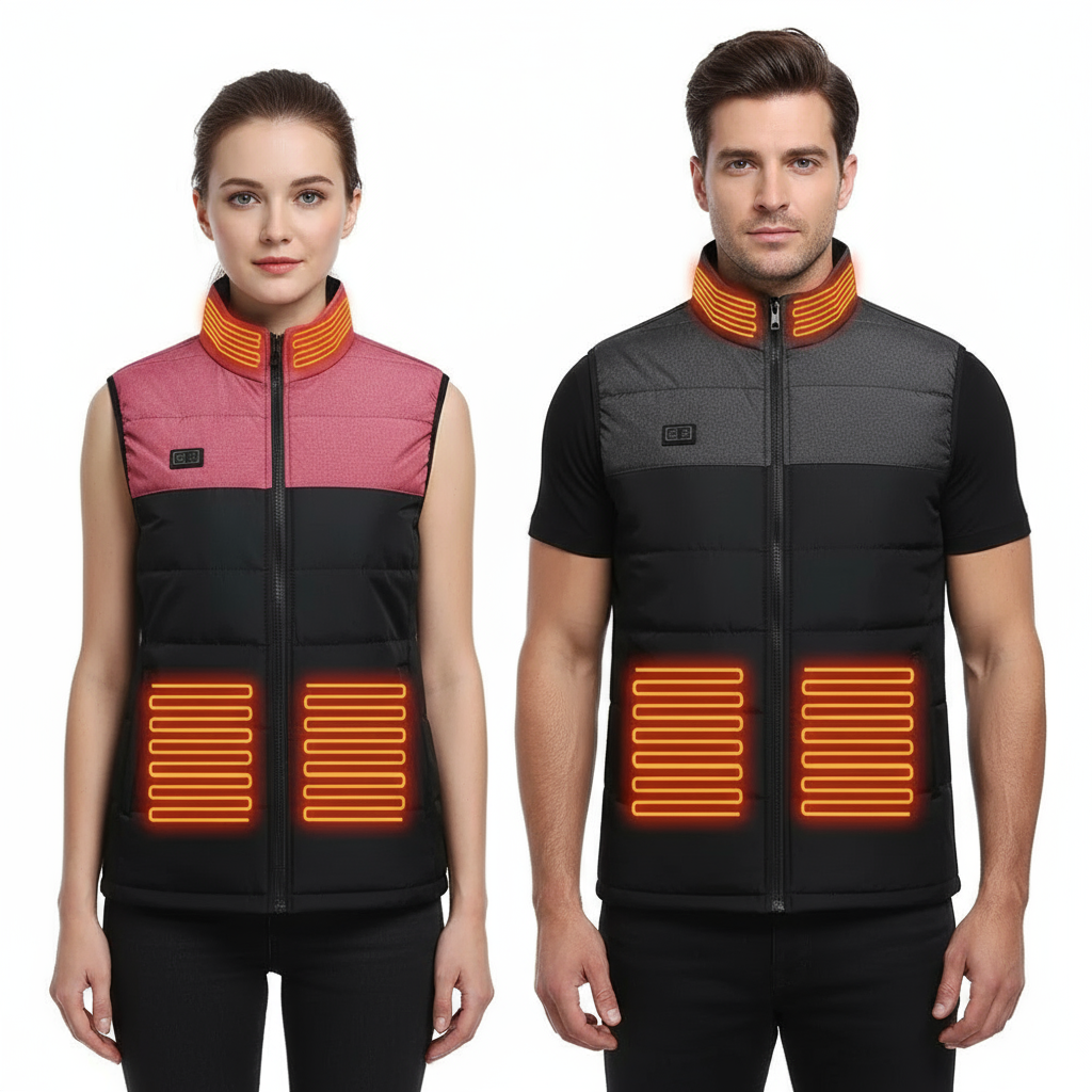 Homme et femme portant des gilets chauffants