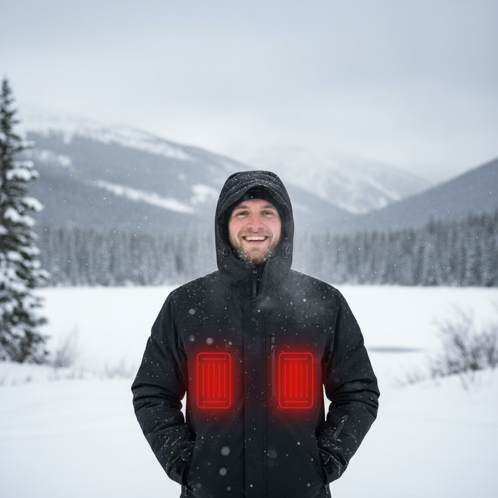 Homme heureux portant la veste dans le froid