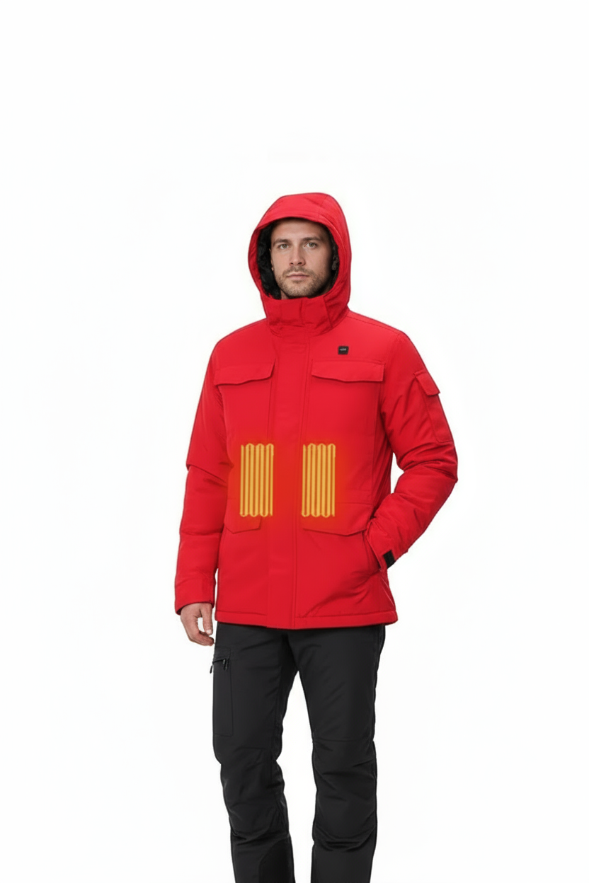 Homme portant la veste chauffante rouge